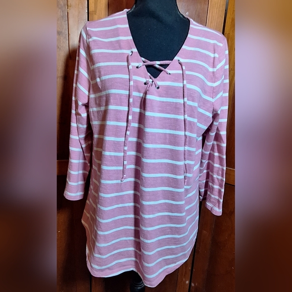 Sonoma Tops - SONOMA Striped Pink and White Lace-Up Top